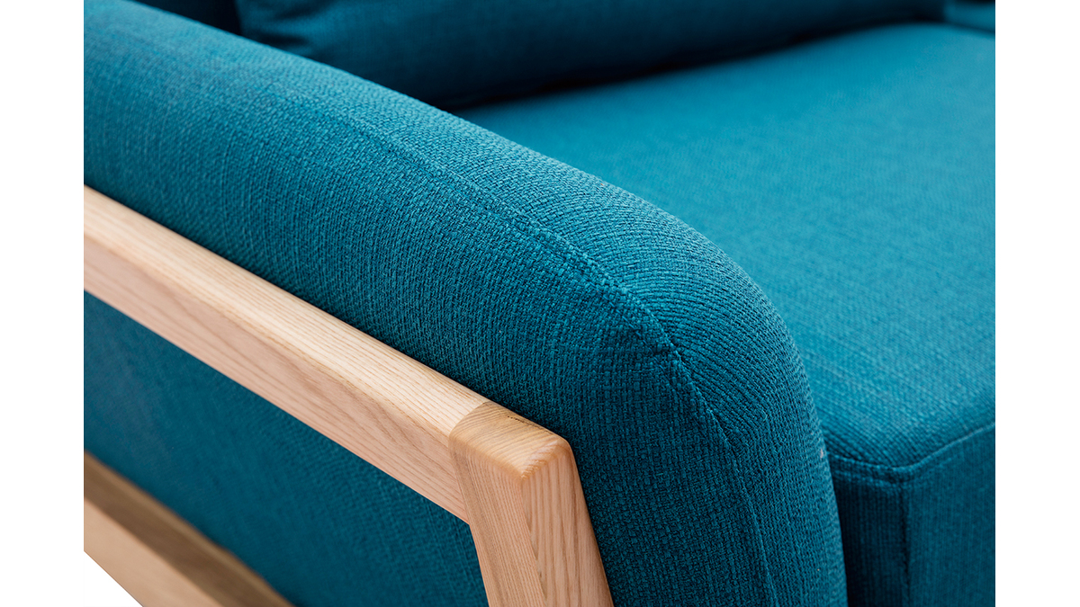 3-Sitzer Sofa mit Holzfen in Entenblau skandinavisches Design YOKO