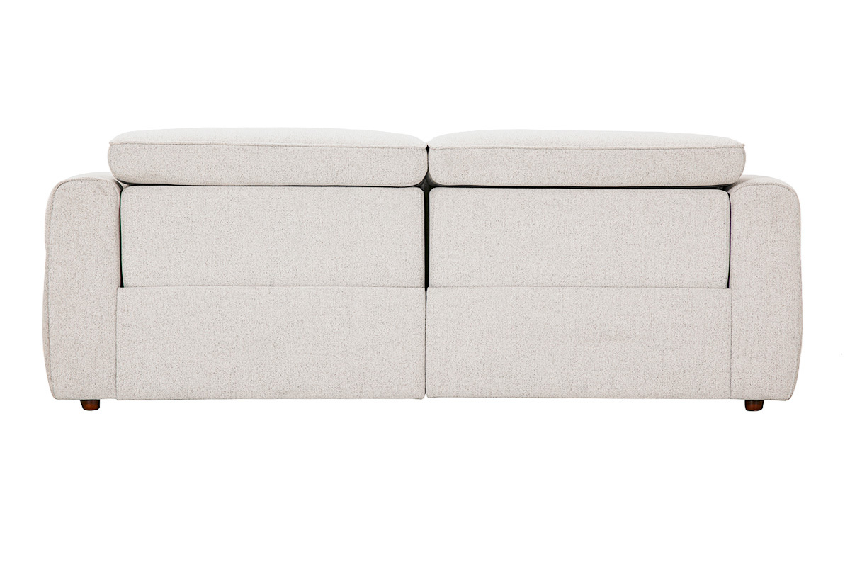 Beiges 3-Sitzer-Sofa aus Stoff in Samtoptik, R�ckansicht, mit quadratischen Armlehnen und dunklen Holzbeinen.