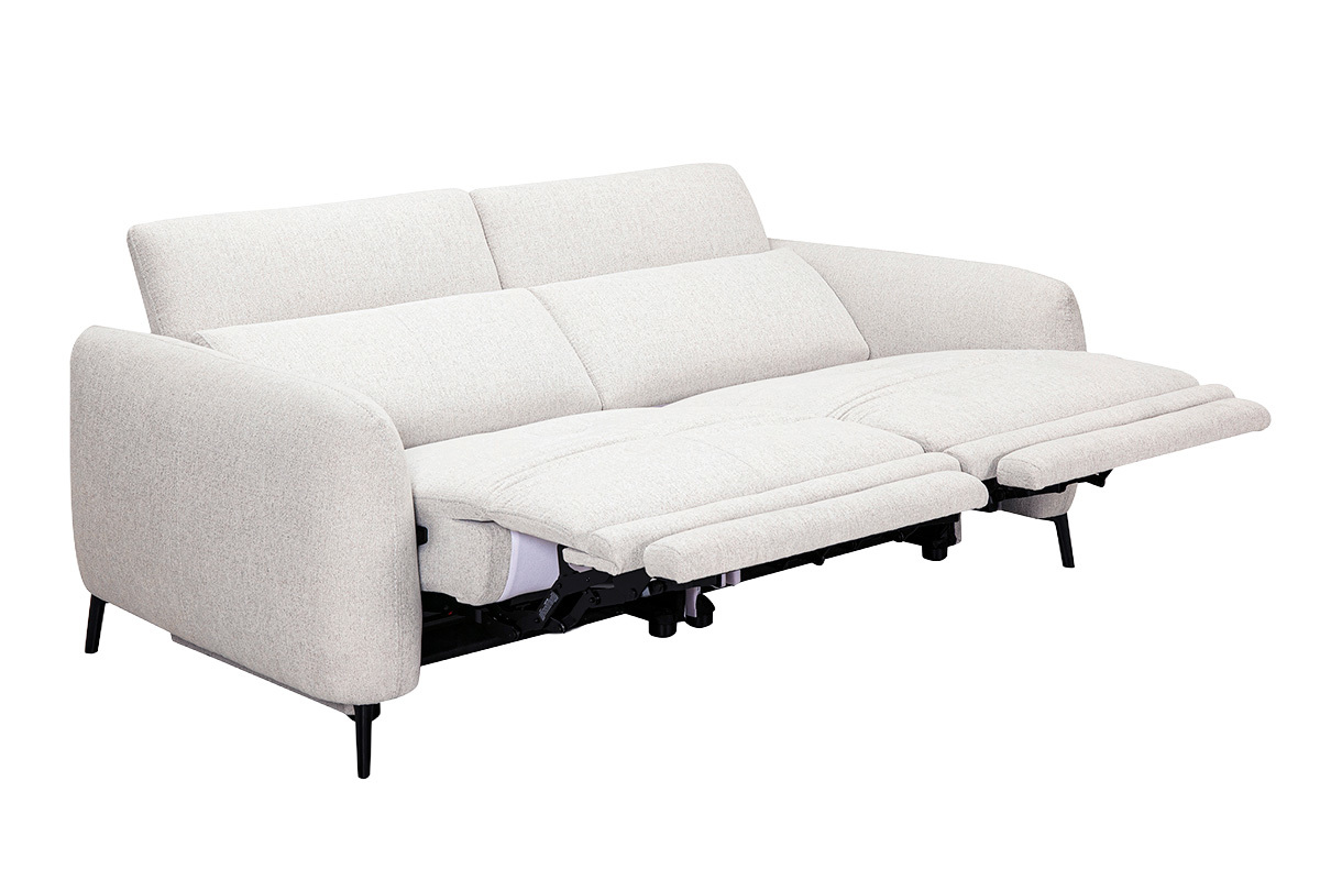 3-Sitzer-Sofa mit verstellbaren Kopfst�tzen und elektrischem Fu�teil in beige strukturiertem Samtoptik-Stoff und Metall TIGNES