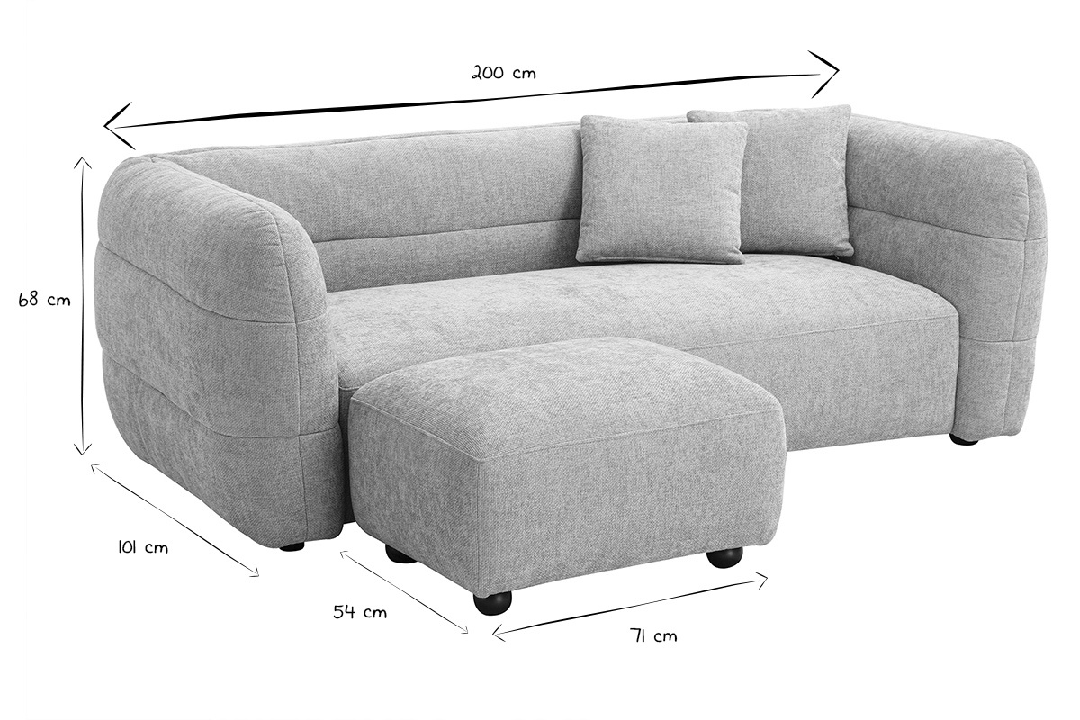Abmessungen des 3-Sitzer-Sofas und Hockers in Schwarz und Wei, 200x101x68 cm fr das Sofa.