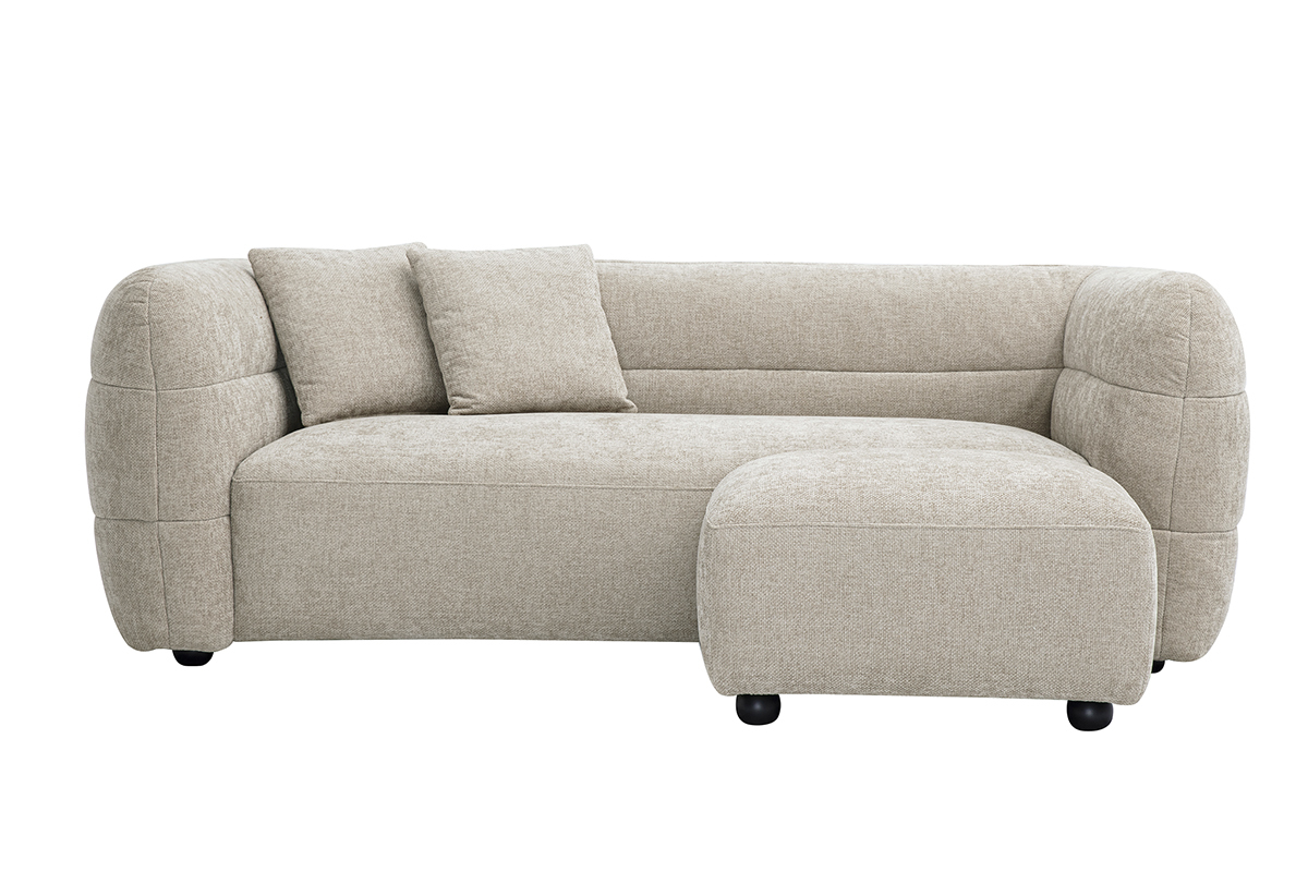 Dreisitzer-Sofa in Beige mit Fusttze, aus strukturiertem Samtstoff, Frontansicht.