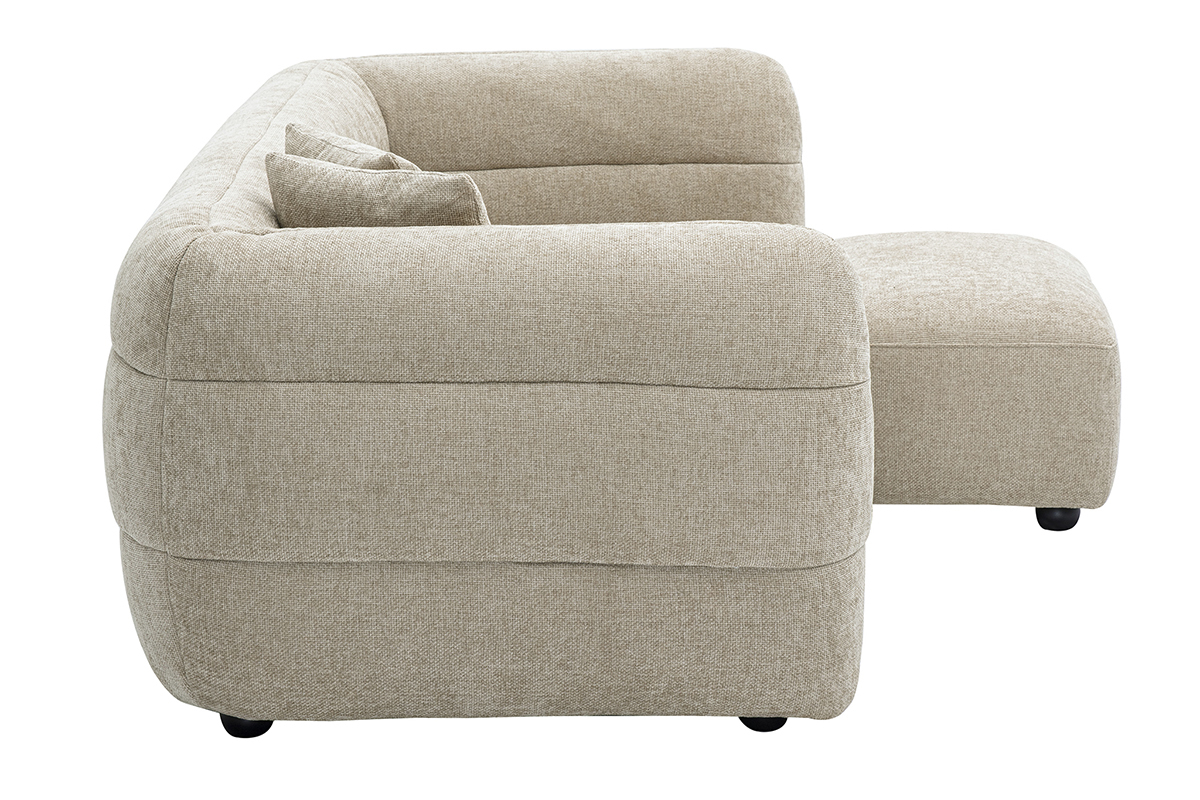 3-Sitzer Sofa und Hocker in beige Samtoptik, Seitenansicht.