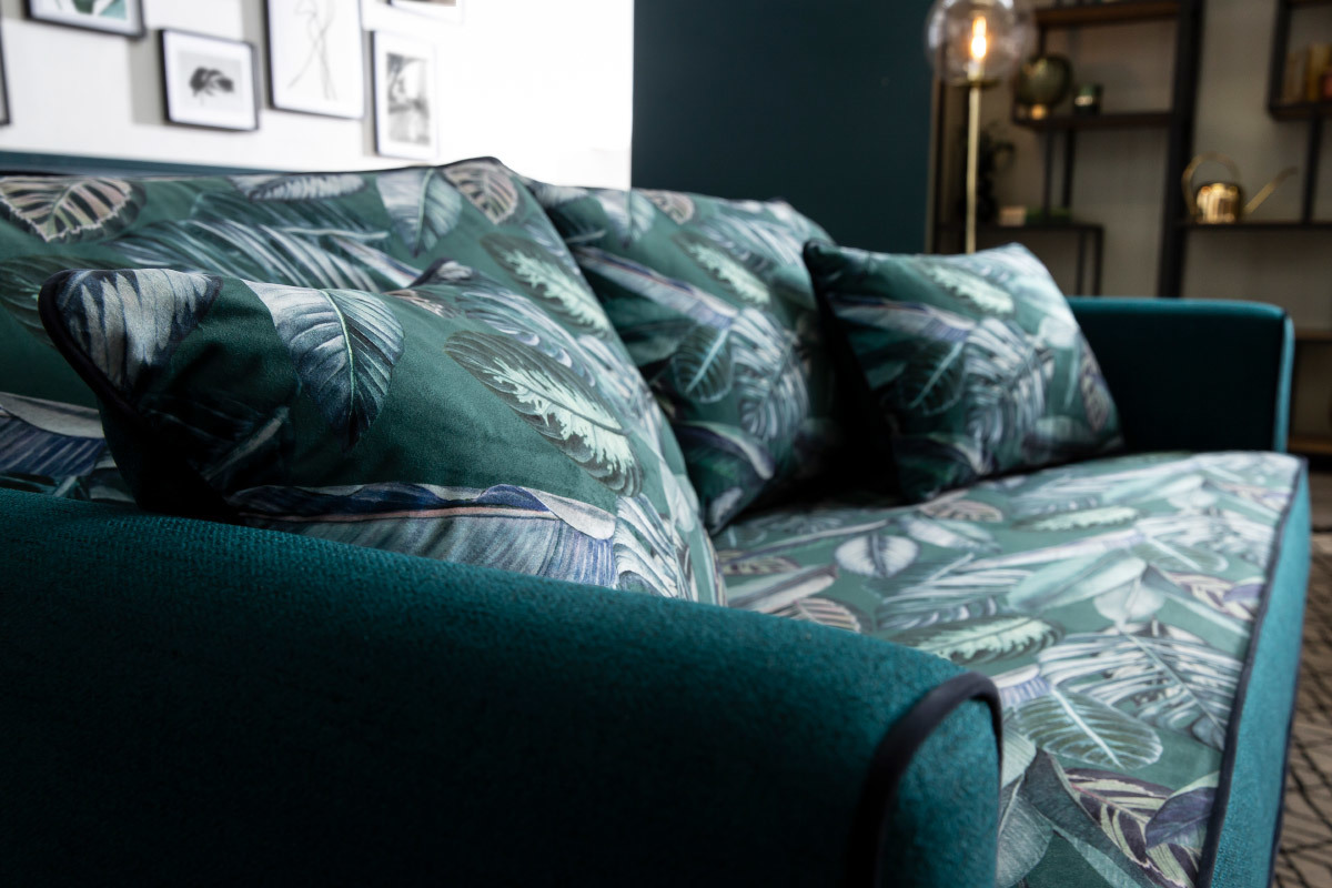 3-Sitzer-Wende-Sofa aus pfauenblauem, bedrucktem Pflanzenmusterstoff HARRISON
