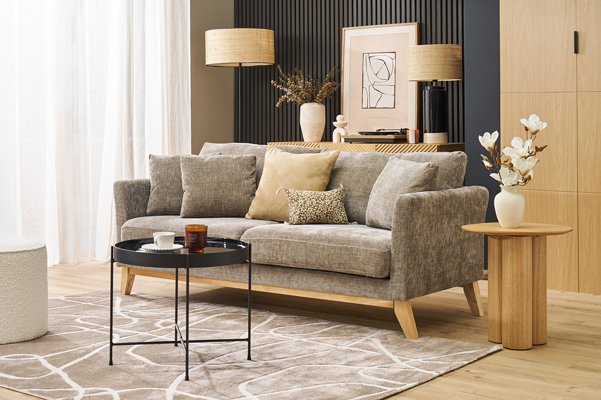 3-sitziges skandinavisches Sofa mit beigem abnehmbarem Bezug und Holzfen OSLO