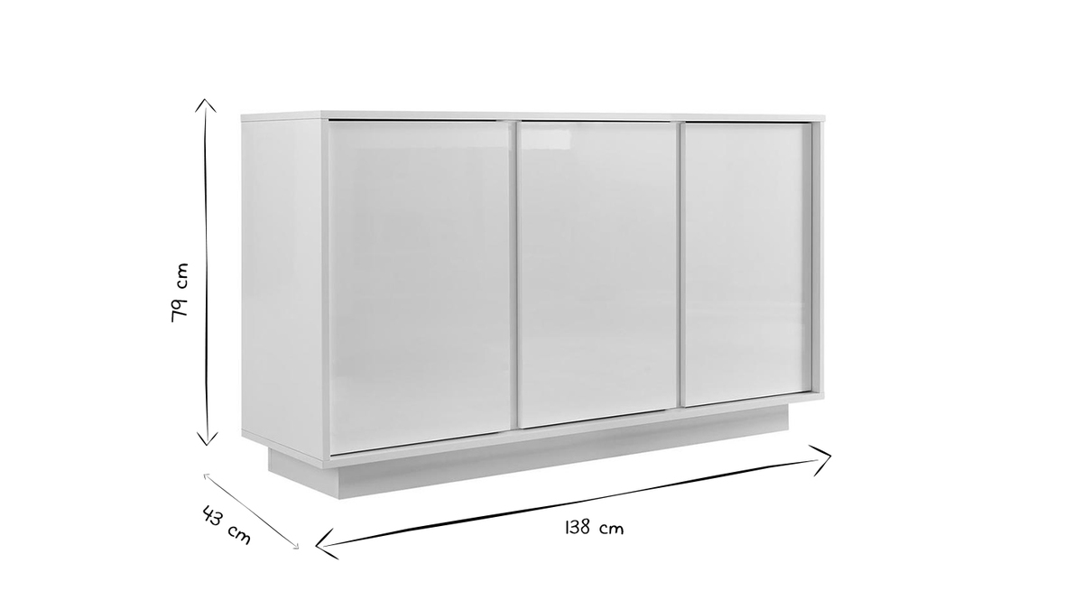 3-türiges Designer-Sideboard glänzend lackiert weiß L138 cm COMO