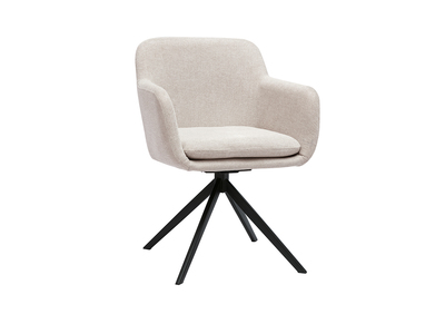 360° drehbarer Stuhl aus beigem samtartig strukturiertem Stoff und schwarzem Metall AMIKA