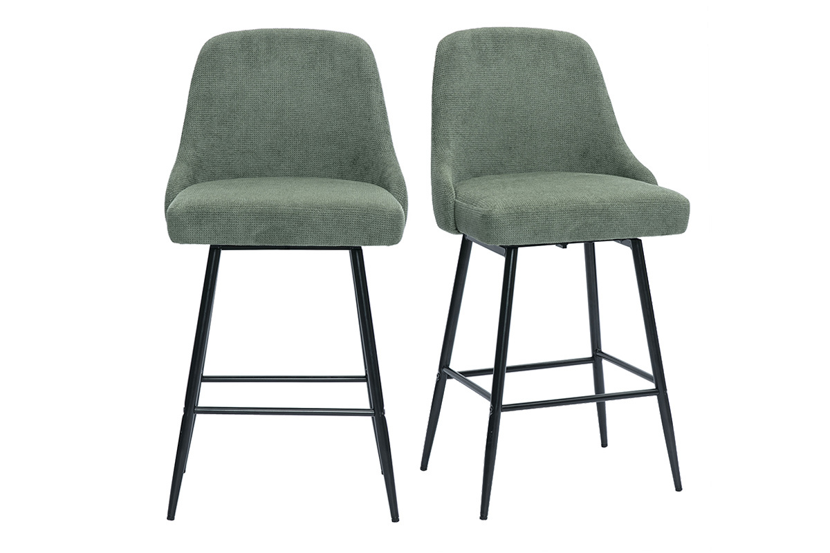 360� drehbare Barhocker aus Chenille-Stoff in Gr�n-Khaki und Metall H66 cm (2er-Set) HASTA