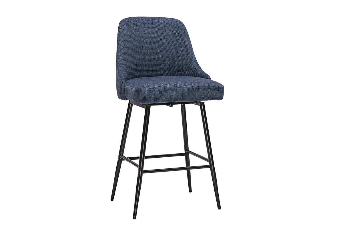 Drehbarer Barhocker aus dunkelblauem Chenille-Stoff und Metall, 3/4-Ansicht