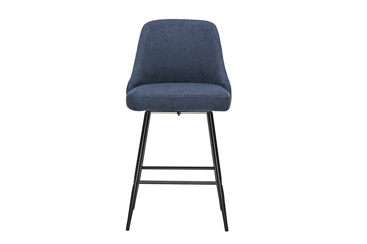 Barhocker HASTA aus dunkelblauem Chenille-Stoff mit schwarzem Metallgestell, Vorderansicht.