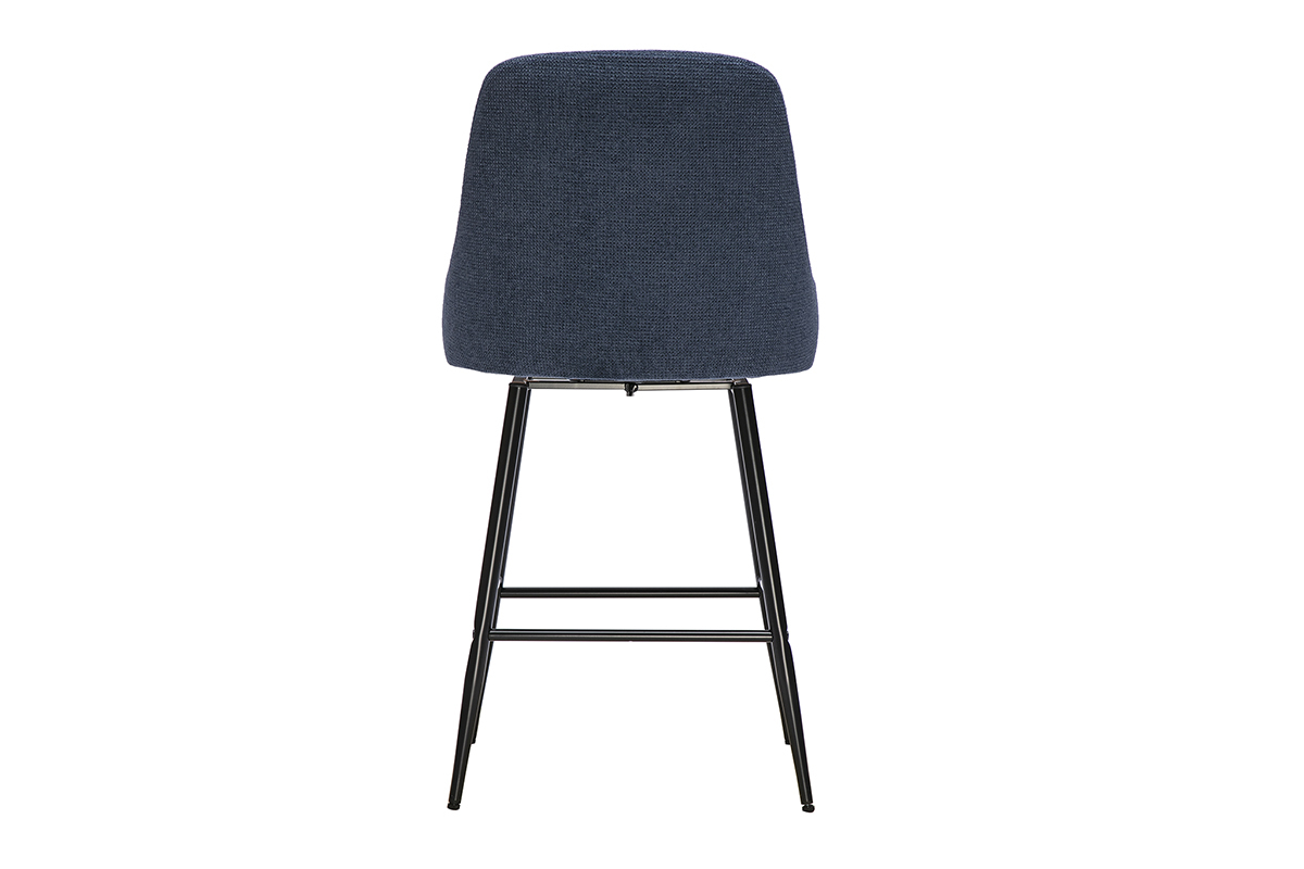 Drehbarer Barhocker aus dunkelblauem Chenille-Stoff, R�ckansicht, mit schwarzen Metallbeinen.