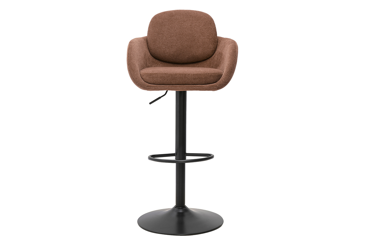 H�henverstellbarer drehbarer Barhocker um 360� aus Chenille-Stoff in gebranntem Lehm und schwarzem Metall, Frontansicht.