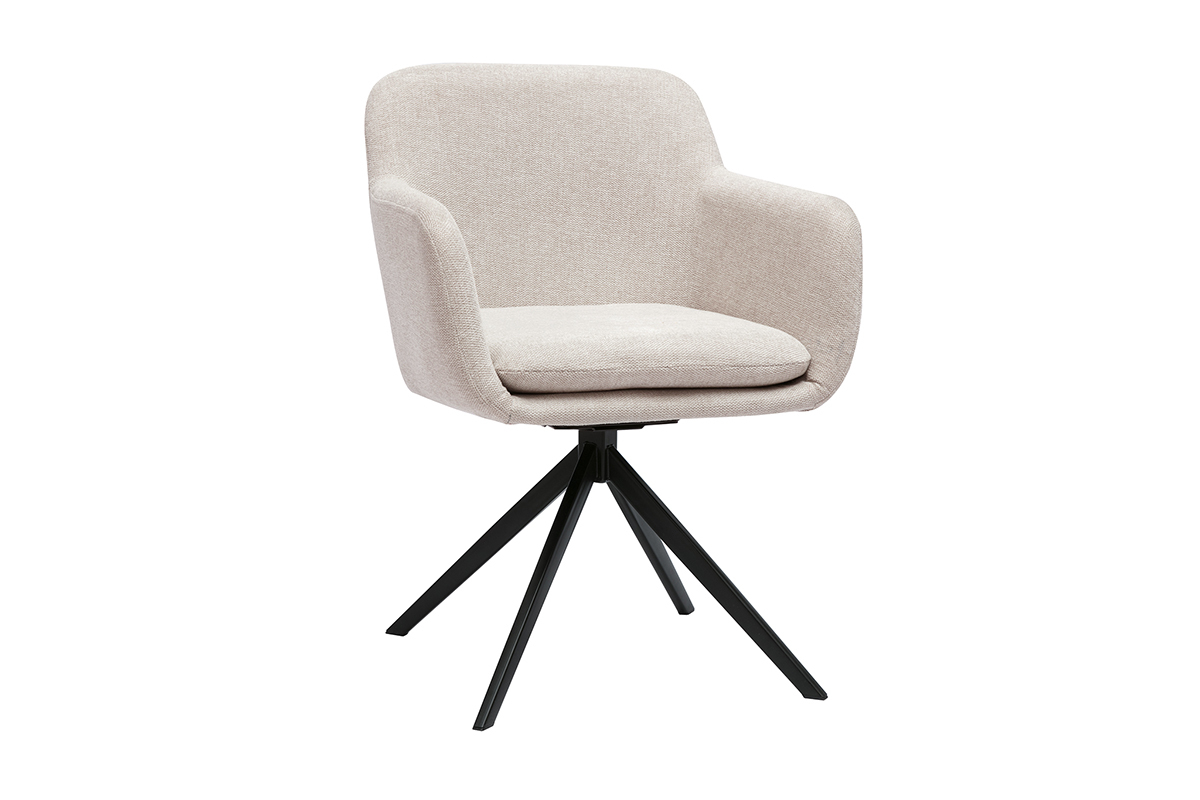 360� drehbarer Stuhl aus beigem samtartig strukturiertem Stoff und schwarzem Metall AMIKA