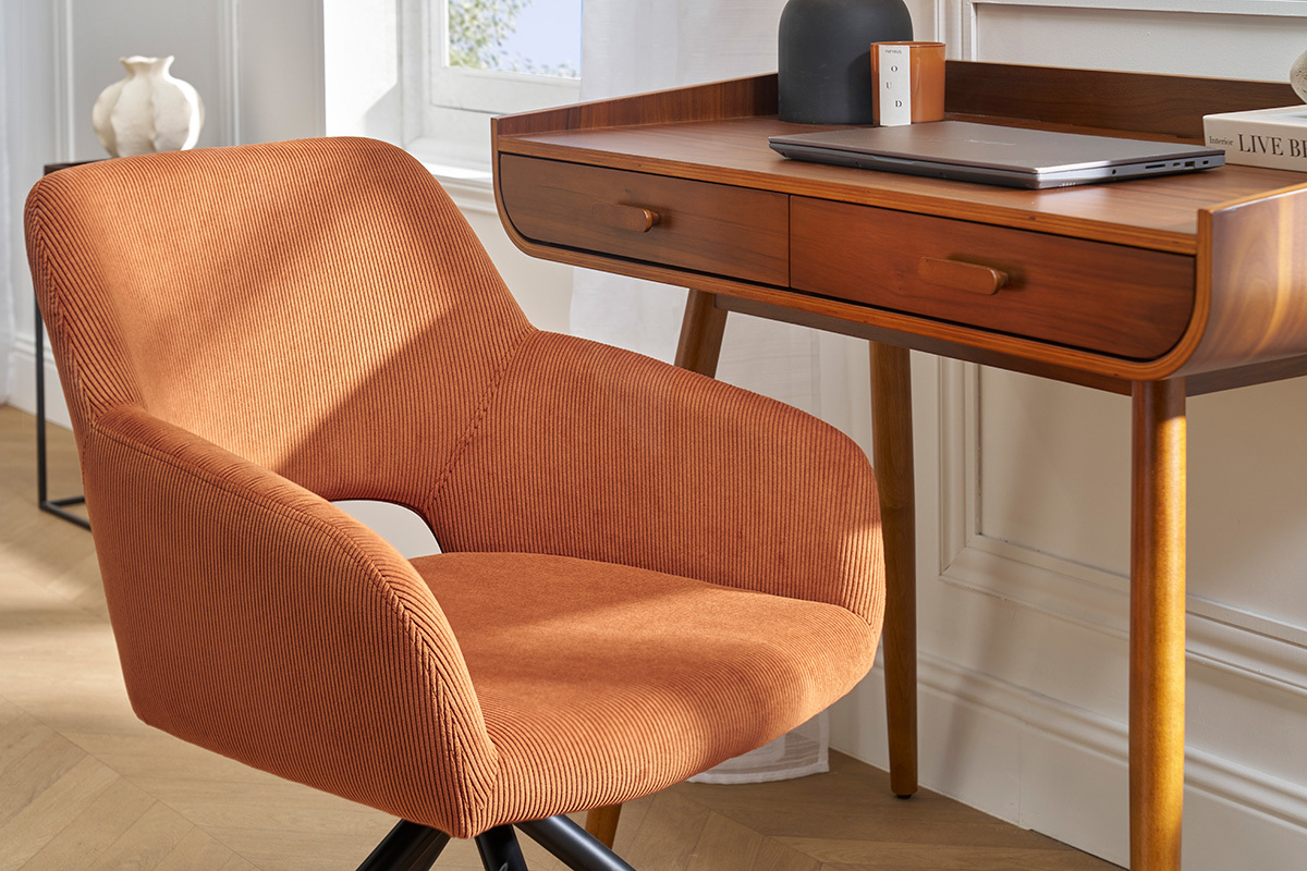 360� Drehstuhl aus gek�rntem Samt in Terra Brul�e und schwarzem Metall LAURETTE