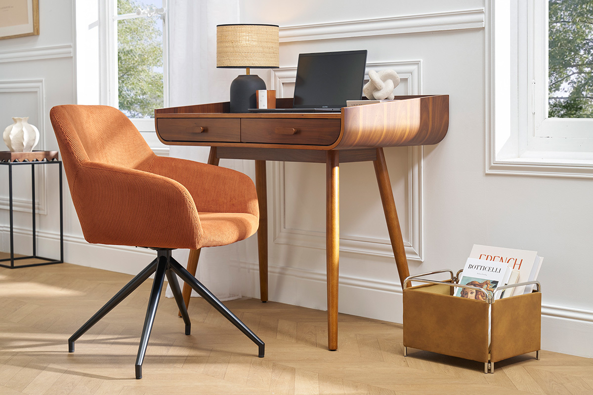 360� Drehstuhl aus gek�rntem Samt in Terra Brul�e und schwarzem Metall LAURETTE