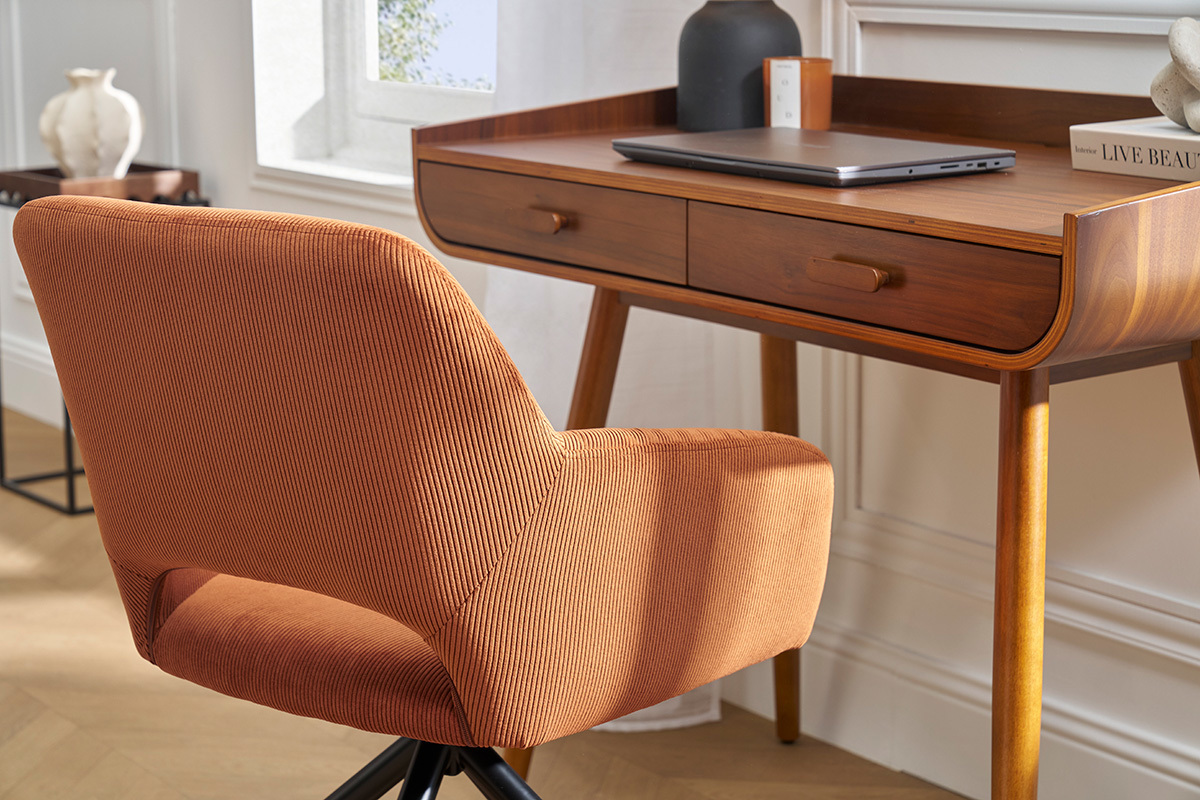 360� Drehstuhl aus gek�rntem Samt in Terra Brul�e und schwarzem Metall LAURETTE