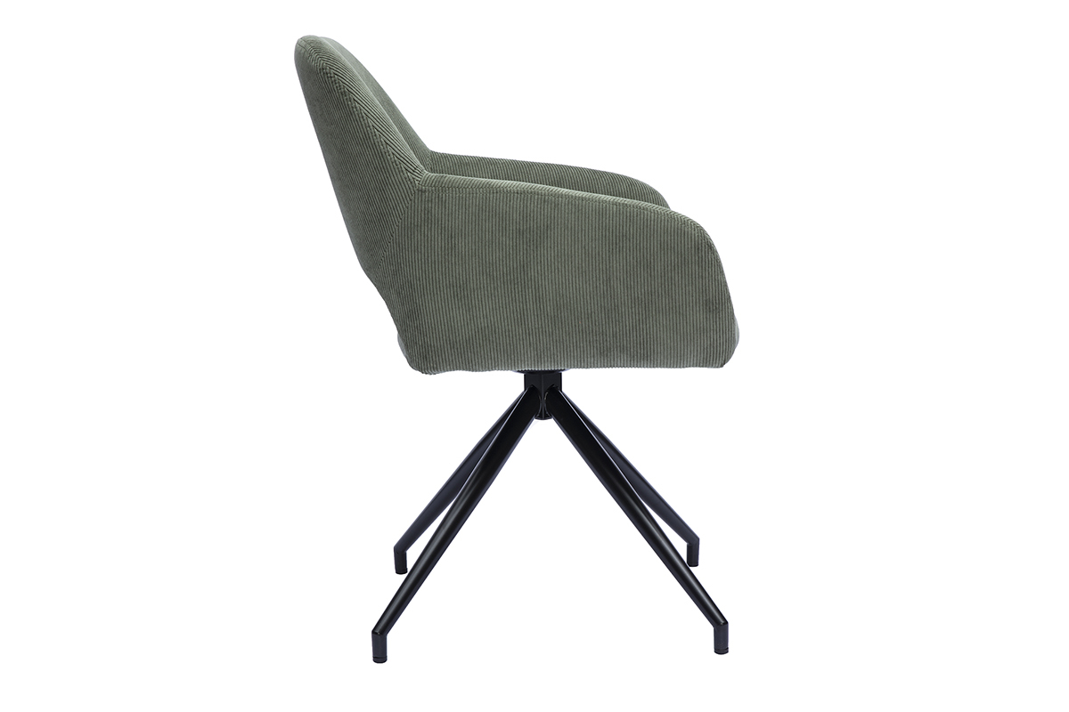 360�-Drehstuhl aus gr�nem Khakifarbem Cordstoff in Seitenansicht mit schwarzem Metallgestell.