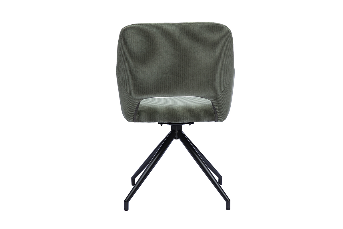 360� drehbarer Stuhl aus khakigr�nem Cord-Samtstoff, R�ckansicht, Beine aus schwarzem Metall
