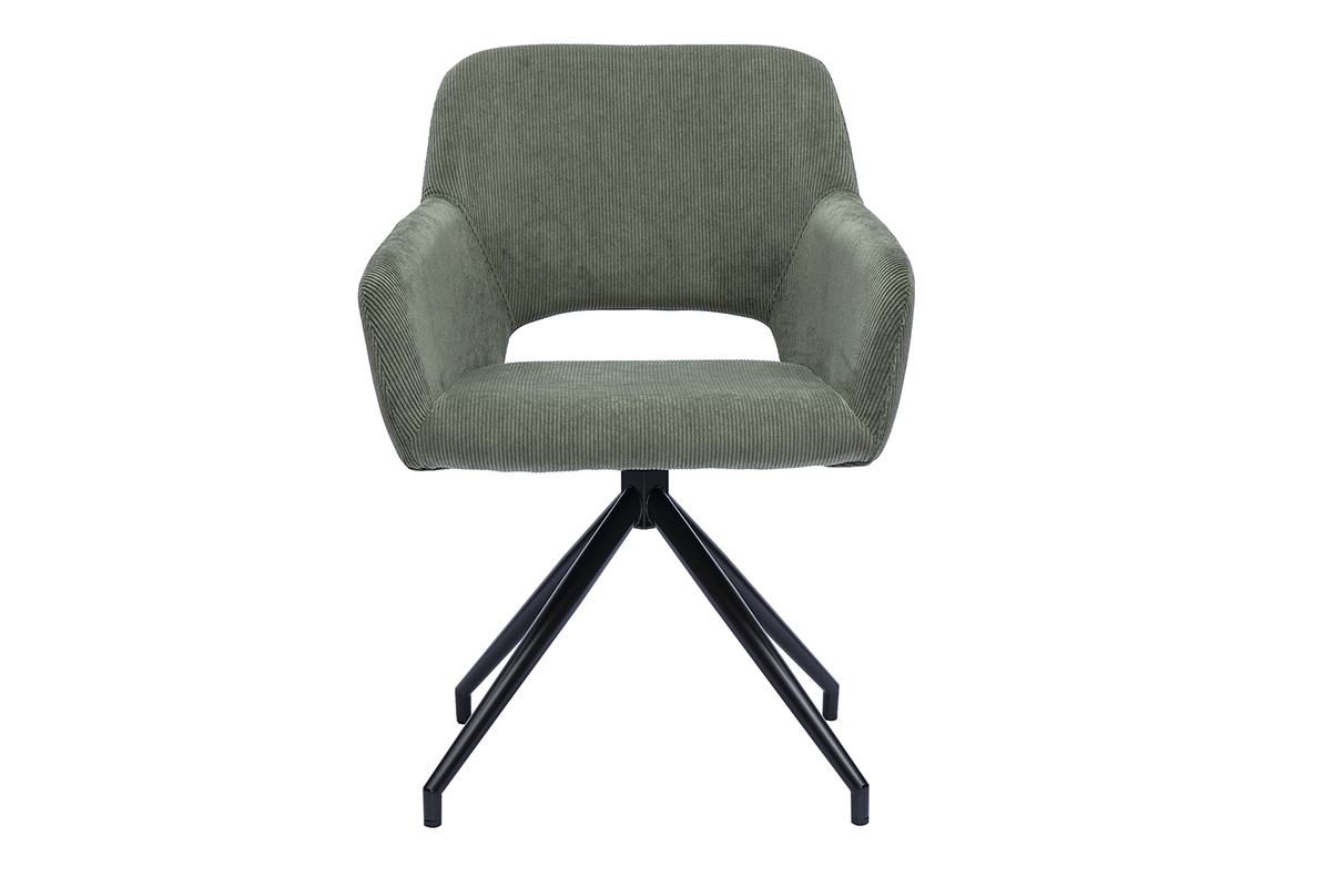 360�-Drehstuhl aus gr�n-khaki Cordvelours, Frontansicht mit schwarzem Metallgestell.
