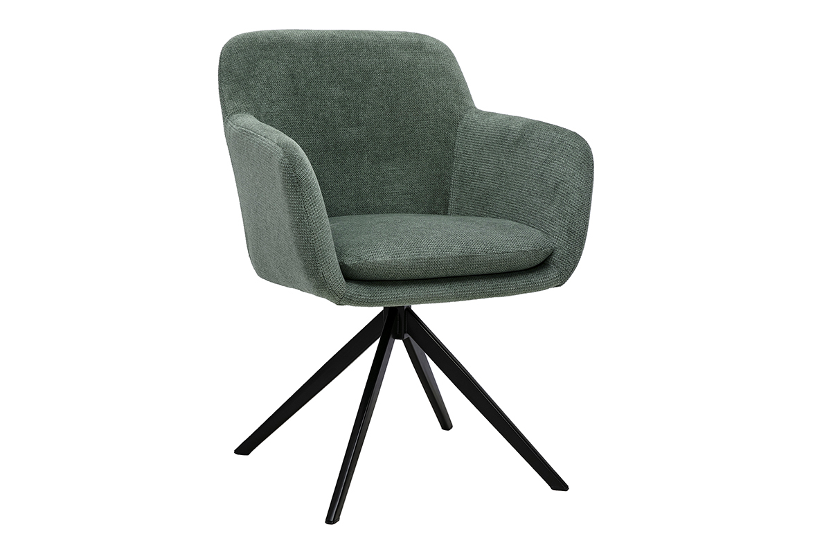 360�-Drehstuhl aus khakigr�nem Chenille-Stoff mit schwarzem Metallgestell, 3/4-Ansicht