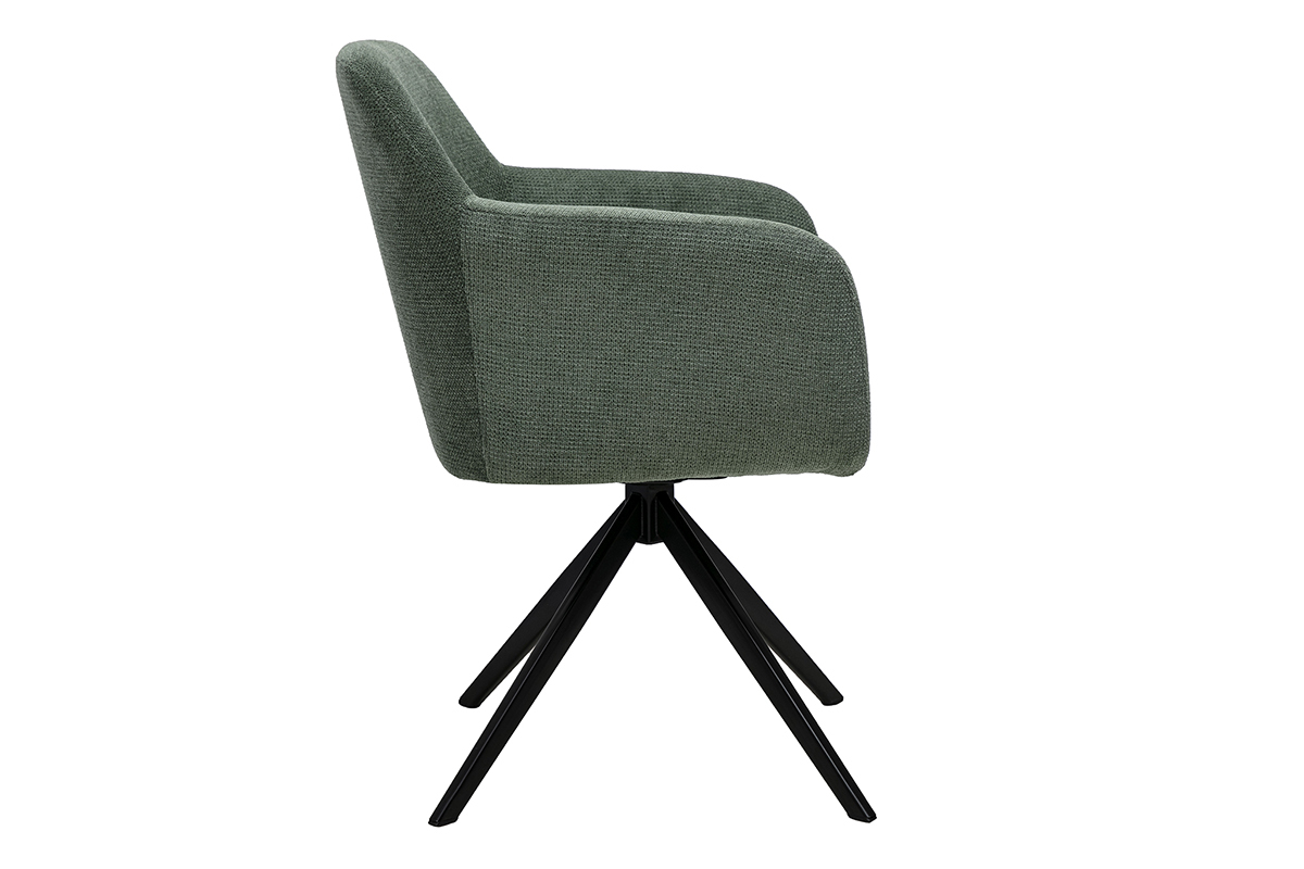 360�-Drehstuhl aus khaki-gr�nem Chenille-Stoff, Seitenansicht, mit schwarzem Metallgestell.