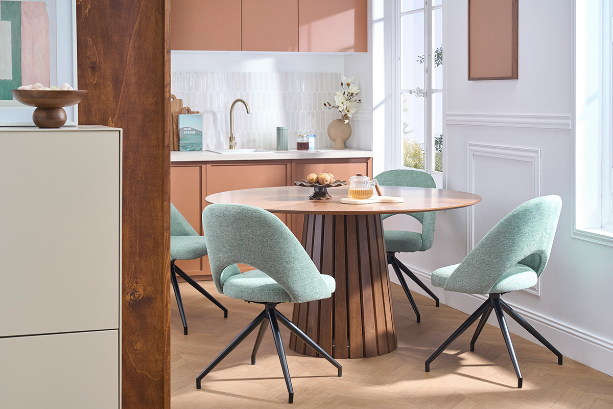 360�-Drehstuhl aus strukturiertem Samtstoff in Seladongr�n und schwarzem Metall COSETTE