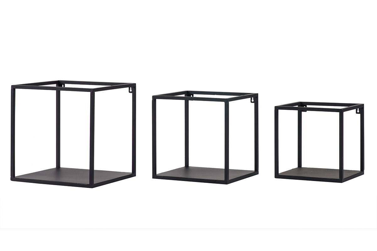 3er-Set industrieller quadratischer Wandregale KARL schwarzes Metall