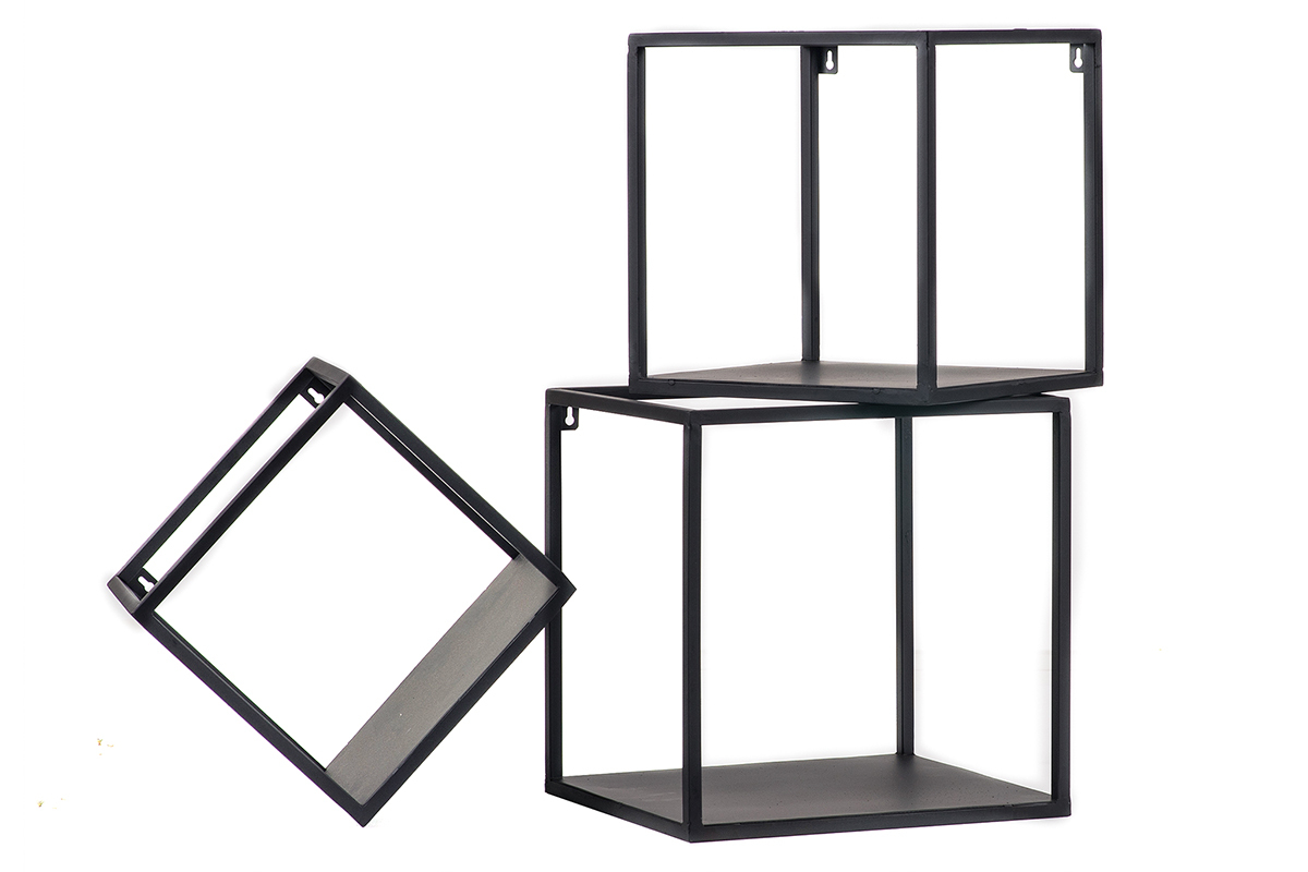 3er-Set industrieller quadratischer Wandregale KARL schwarzes Metall