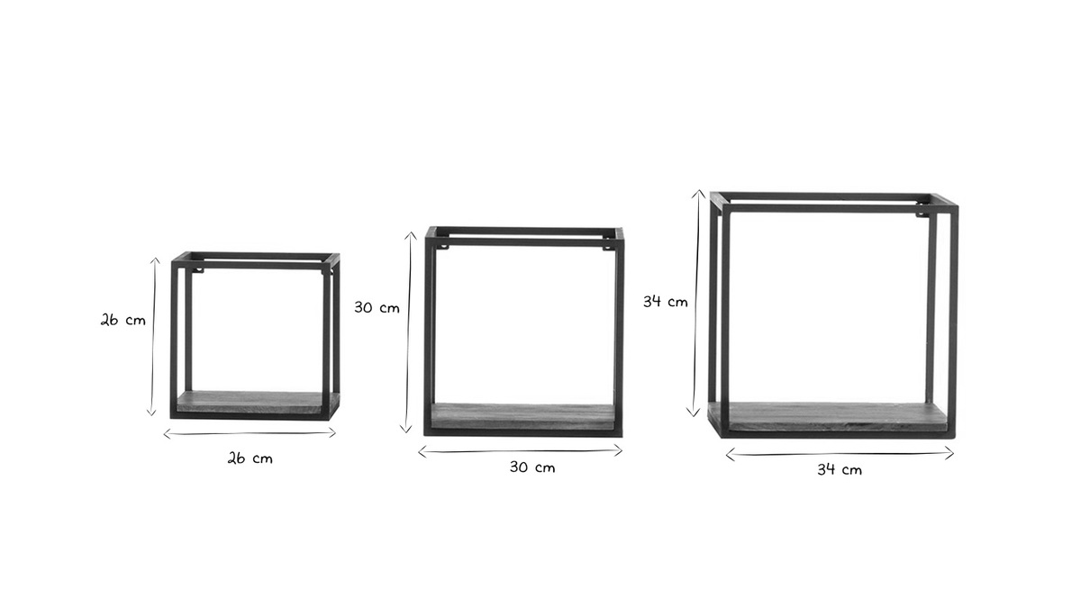 3er-Set quadratischer Wandregale YPSTER schwarzes Metall und Mangoholz