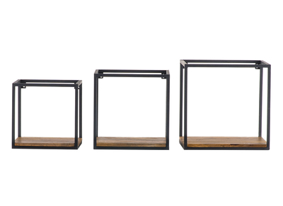 3er-Set quadratischer Wandregale YPSTER schwarzes Metall und Mangoholz