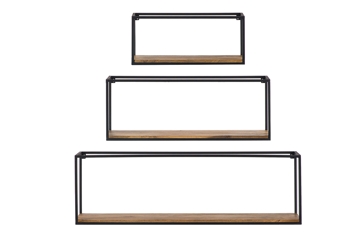 3er-Set rechteckiger Wandregale YPSTER schwarzes Metall und Mangoholz