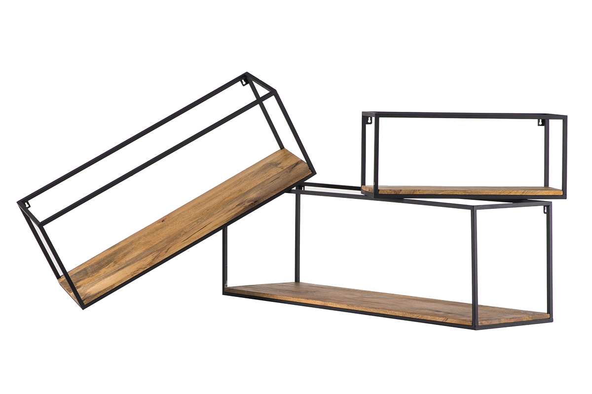 3er-Set rechteckiger Wandregale YPSTER schwarzes Metall und Mangoholz