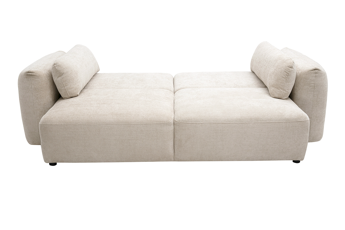 Sofa umwandelbar SWELL beige in Chenille-Samt, in ausgeklappter Position, Draufsicht.