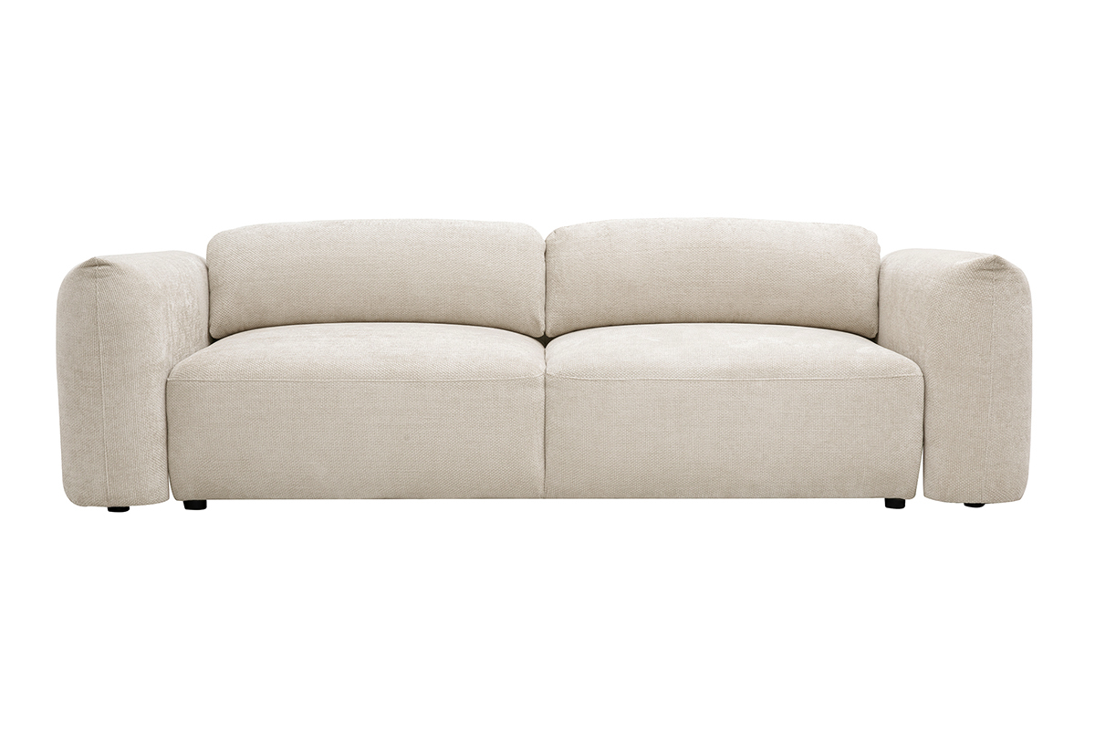 Beiges, 4-sitziges, ausziehbares Sofa aus Chenille-Samtstoff, Frontansicht.