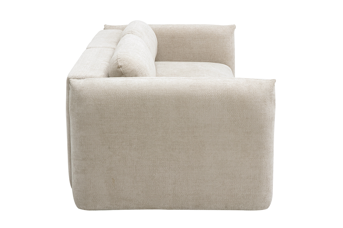 Beige Schlafsofa, Chenille-Samtstoff, Seitenansicht.