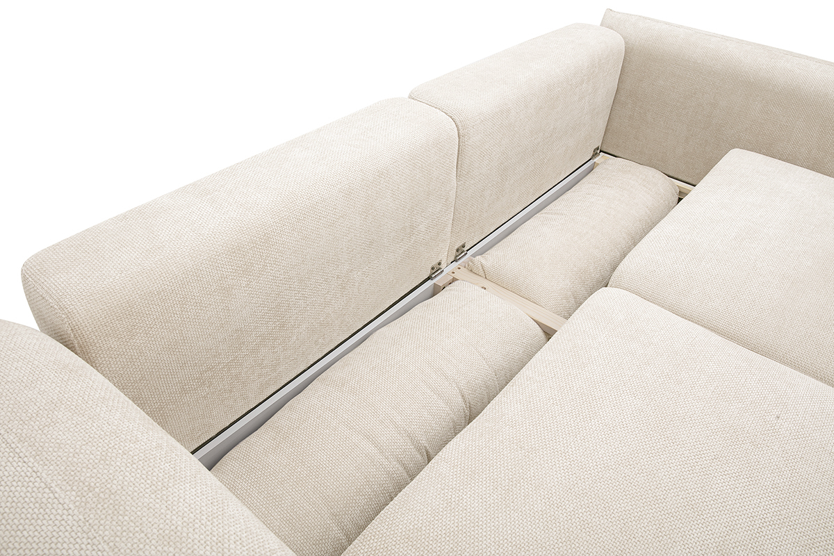 Beige Schlafsofa SWELL aus Samtstoff, Innenansicht des ge�ffneten Stauraums.