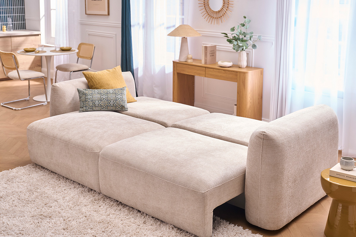 4-Sitzer Schlafsofa mit Stauraum in beigeem Samt Chenille Stoff SWELL