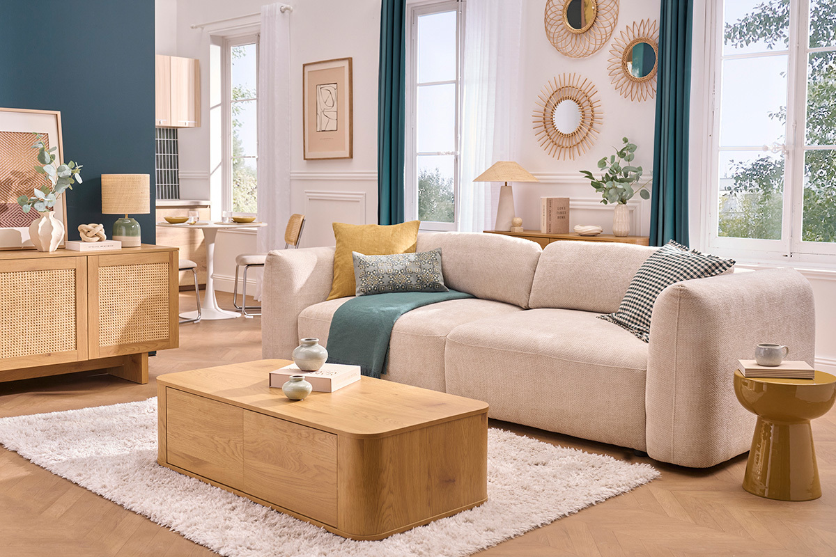4-Sitzer Schlafsofa mit Stauraum in beigeem Samt Chenille Stoff SWELL