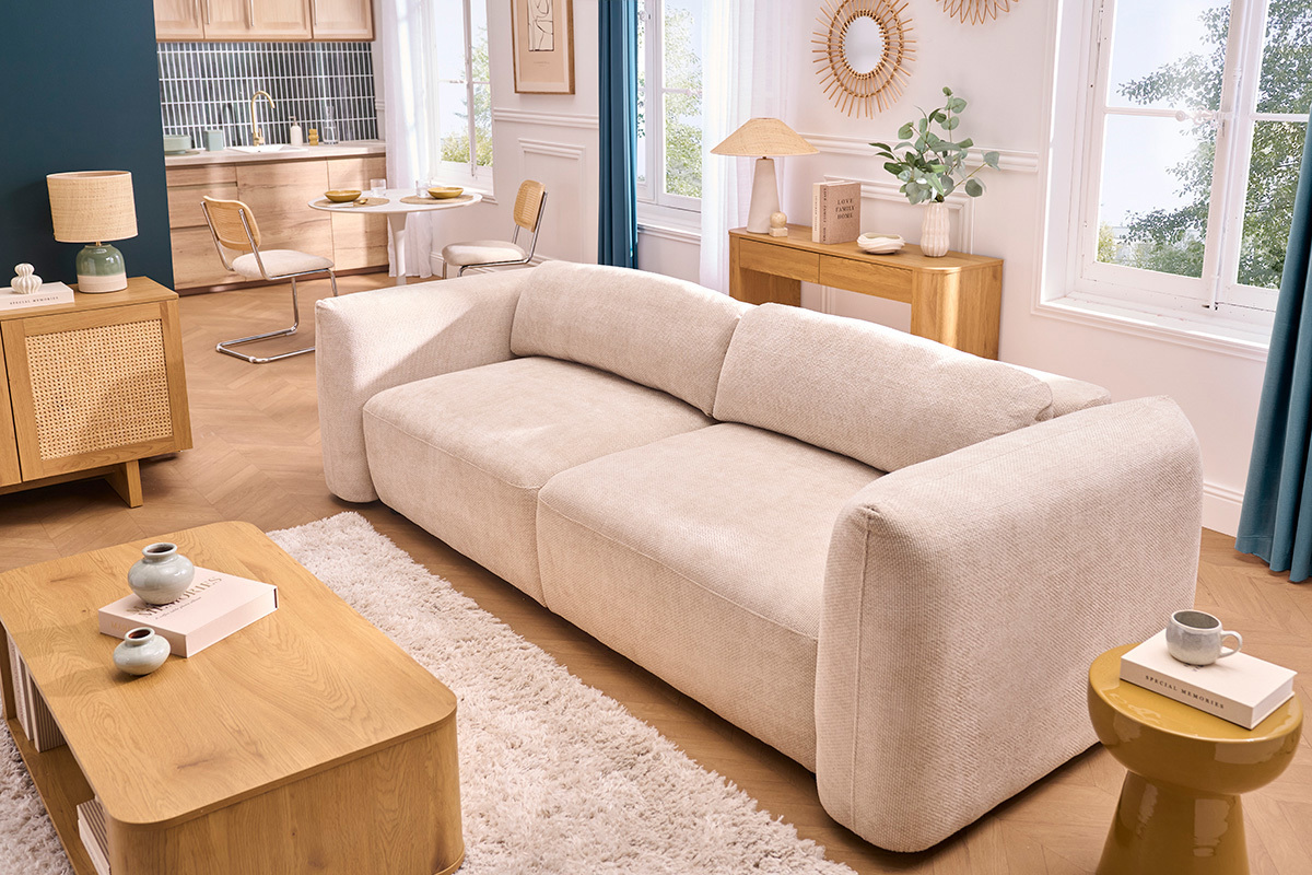 4-Sitzer Schlafsofa mit Stauraum in beigeem Samt Chenille Stoff SWELL