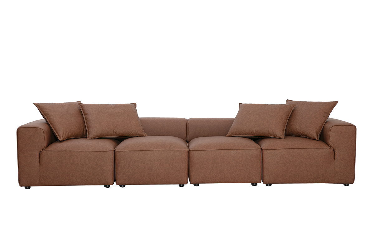 Modulares 5-Sitzer-Sofa aus braunem Leder FERGUS, Frontansicht mit Dekokissen