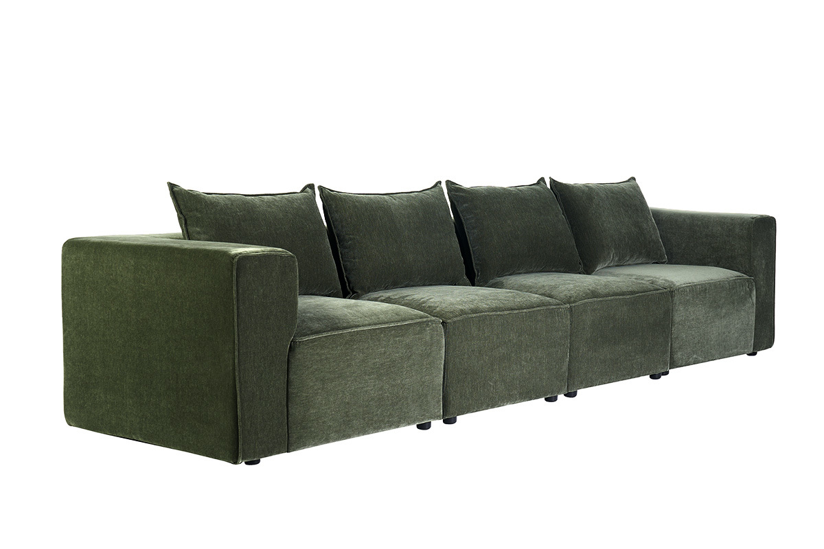 Modulares 5-Sitzer-Sofa aus Stoff in Samtoptik, khakigr�n, 3/4-Ansicht.