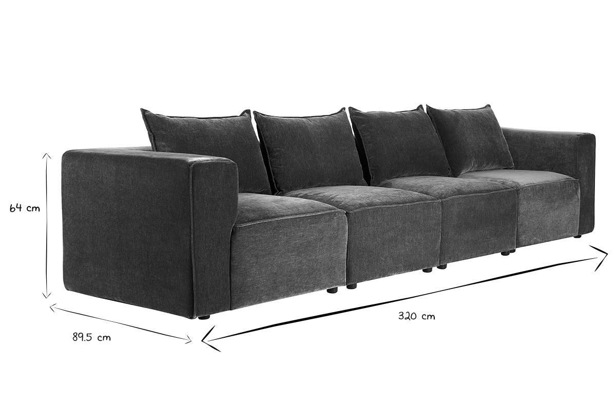 Abmessungen des modularen Sofas KERRY: 320 cm L�nge, 89,5 cm Tiefe, 64 cm H�he in Schwarz und Wei�.