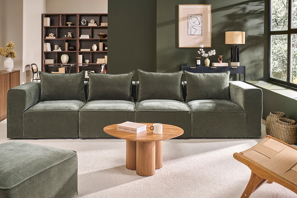 5-Sitzer modulares Sofa aus Samtoptik-Stoff in Khaki-Gr�n KERRY