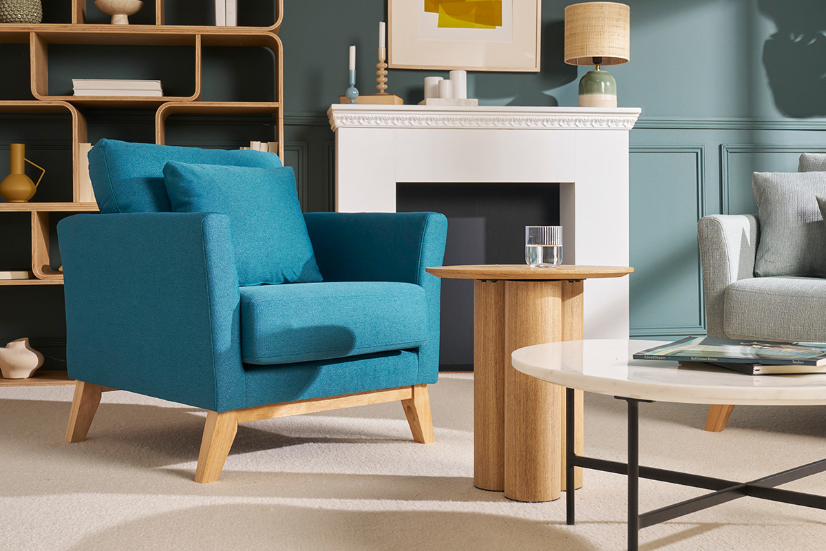 Abnehmbarer skandinavischer Sessel aus Entenblauem Stoff und hellem Holz OSLO