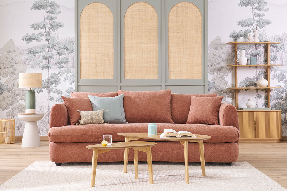 Abnehmbares Design-Sofa mit 3-4 Pltzen in Terrakotta-Veloursstoff im Bohnen-Design SACHA