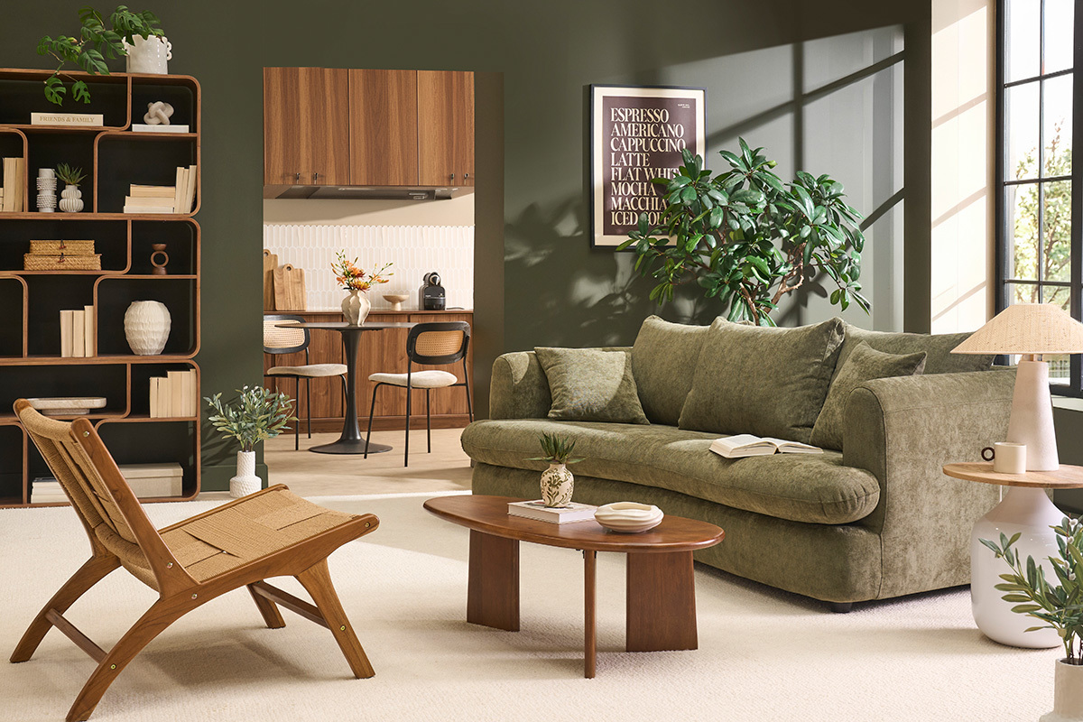 Abziehbares 3-4-Sitzer-Design-Sofa Bohnenform aus Stoff mit strukturiertem Samteffekt in Khaki-Gr�n SACHA