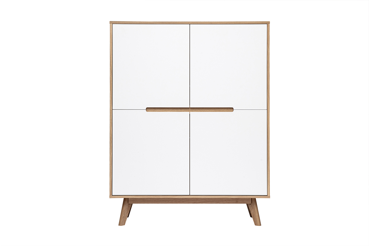 Hohes skandinavisches Sideboard aus Holz und Wei� mit 4 T�ren, Frontansicht.