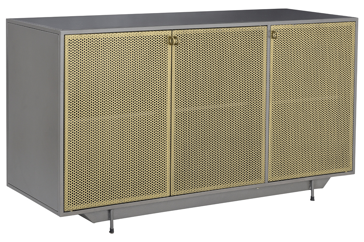 Anrichte im Industrial Style mit 3 Tren aus goldfarbenem und grauem Metall MAGIC
