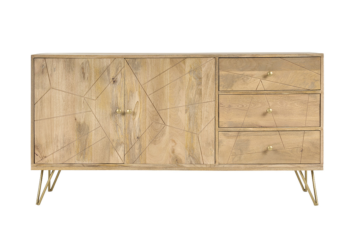 Buffet aus Mangoholz mit 2 T�ren, 3 Schubladen und goldenen Metallf��en, Frontansicht.