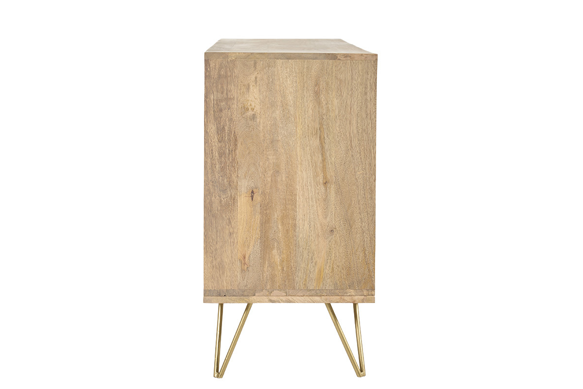 Buffet aus massivem Mangoholz seitlich betrachtet, F��e aus goldenem Metall.