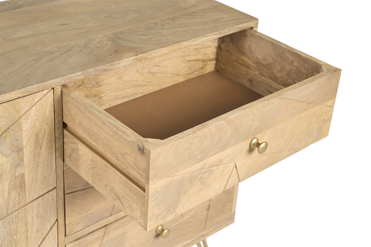 Buffet aus massivem Mangoholz mit offenem Schublade, Draufsicht.